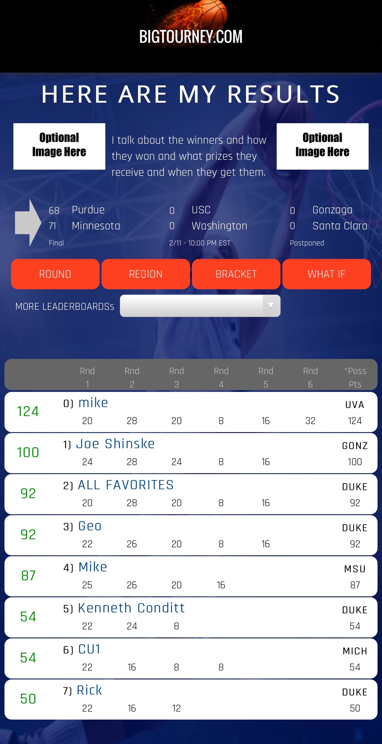 Basic Version allows quick setup of bracket contest